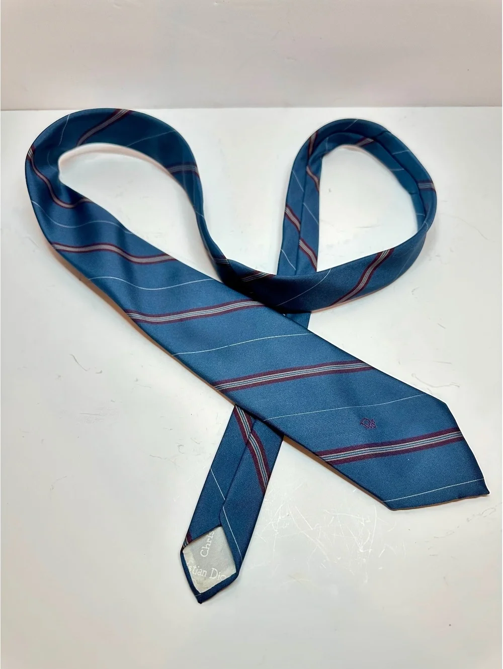 Vintage Christian Dior Blue Burgundy Striped Tie Embroidered Logo